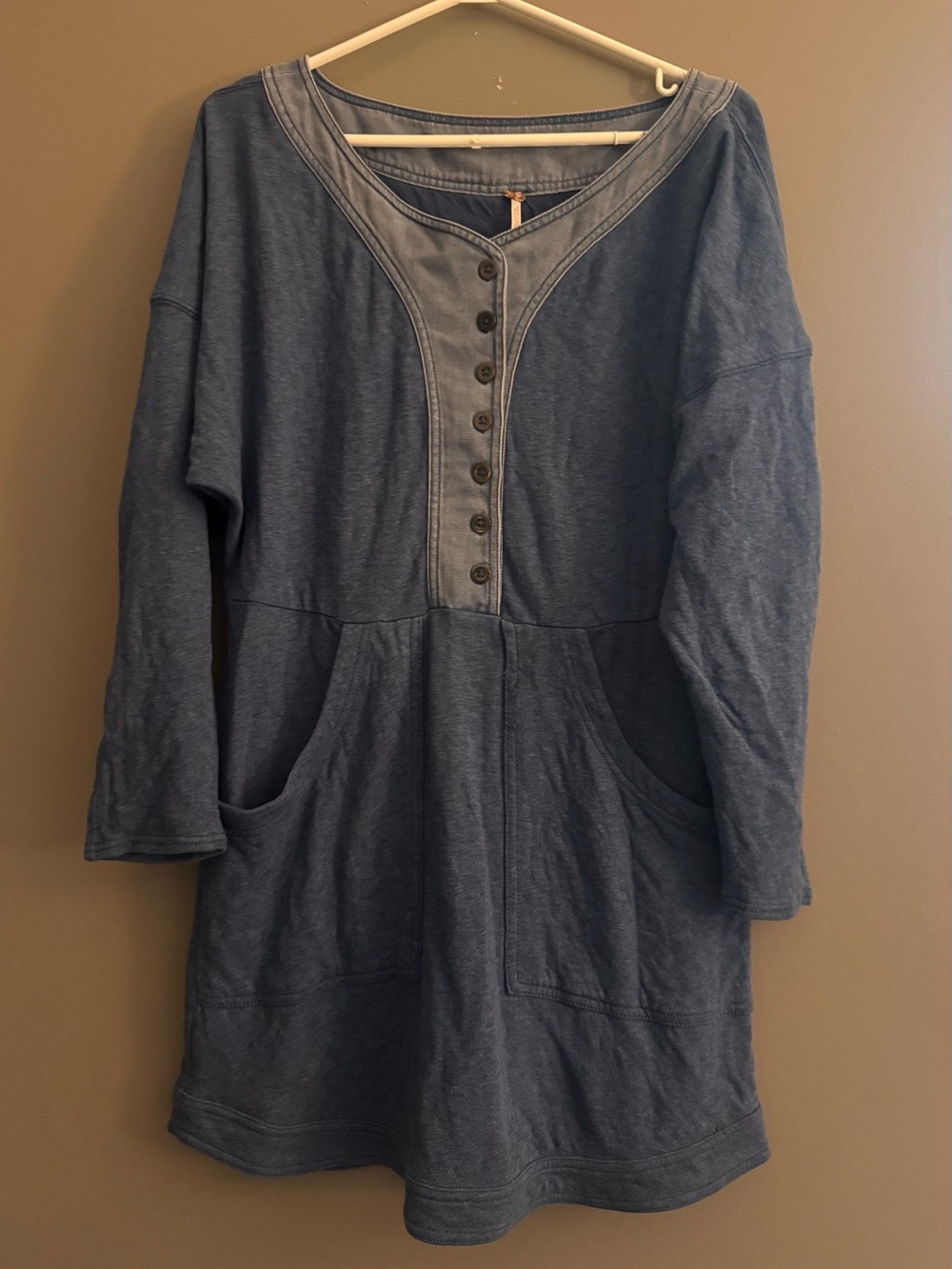 Free People Indigo Henley Dress with Patch Yoke